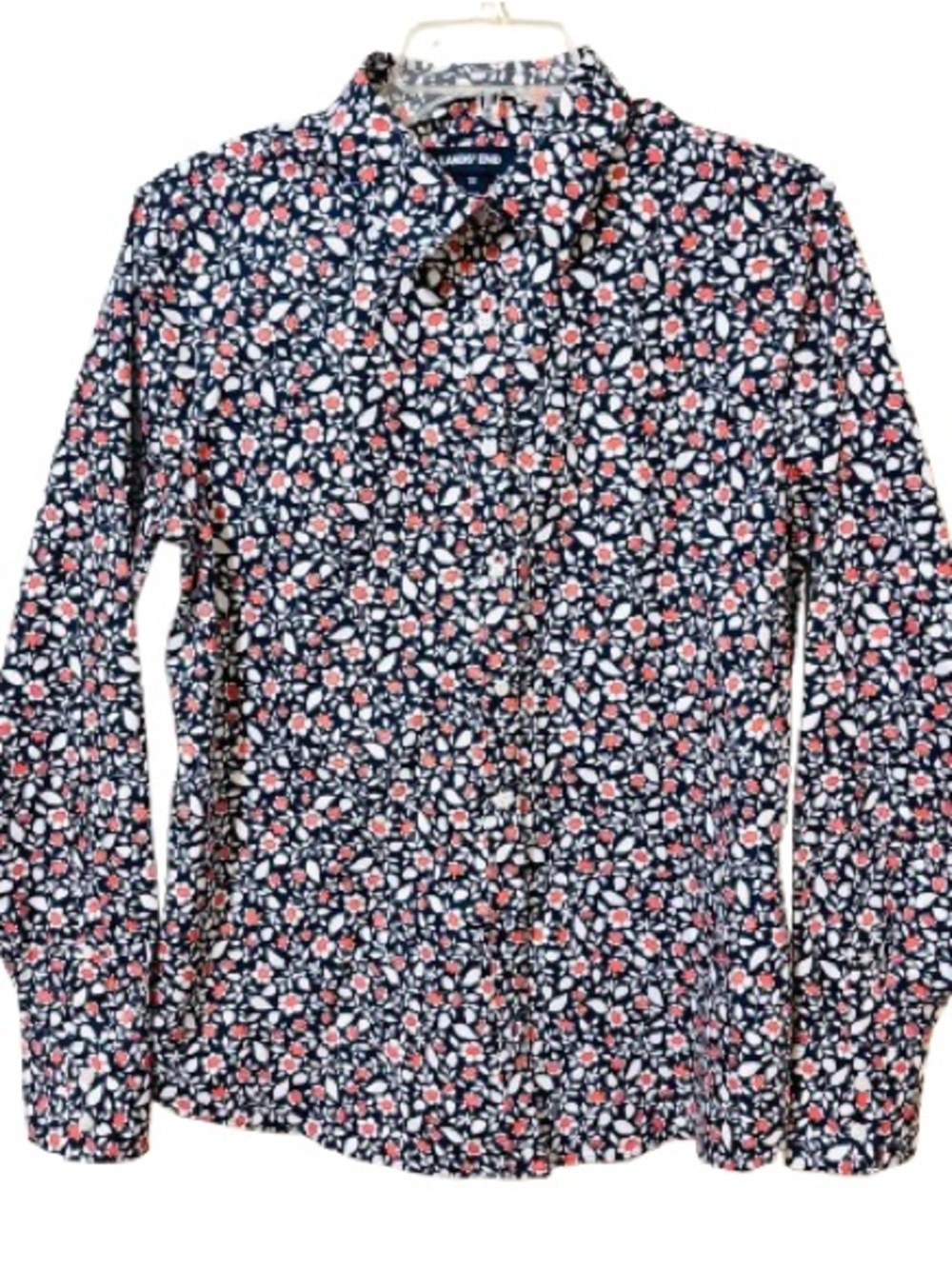 Lands' End 100% Supima Cotton Floral Button Down Shirt Navy Coral Size 10